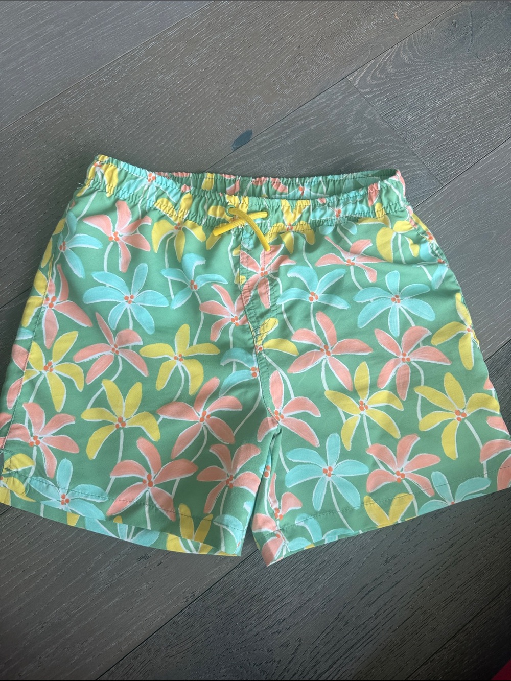 Zara Kids Mint Green Floral Swim Trunks with Yellow Drawstring